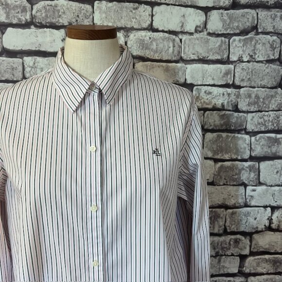 Lauren Ralph Lauren White & Black Pinstripe Non Iron Blouse Size XL - Picture 2 of 8